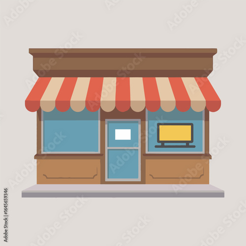 A cartoon style storefront with a striped awning and a television in the window display area