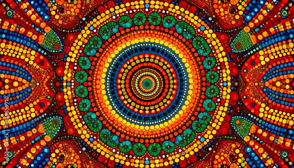 Fototapeta premium Symmetrical circular pattern of colorful dots in warm tones