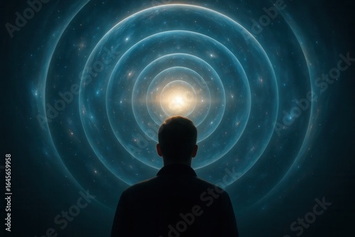 Silhouette looking at luminous concentric patterns in space.