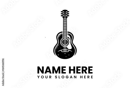 Stylized acoustic guitar illustration with bold black and white contrast.