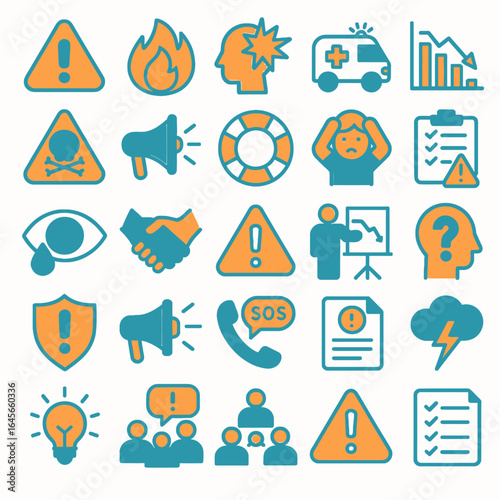 Assorted icons communicate warnings across white background