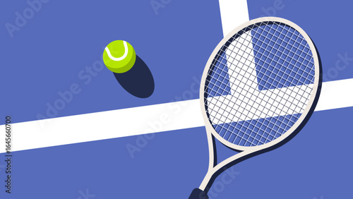 Racket and ball on a blue tennis court ready for action
