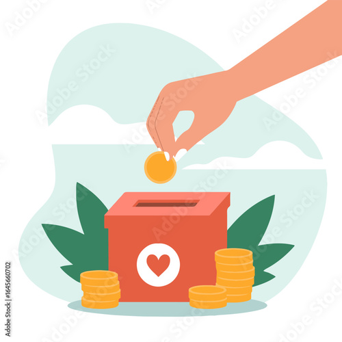Illustration of hand putting coin into donation box with heart and stacks of coins around it