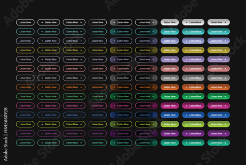 Colorful listen now button ui kit design for website and app development