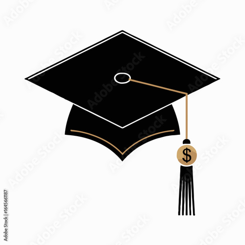 A black graduation cap with a gold tassel and a dollar sign charm on a white background vector art