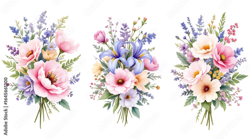 Fototapeta premium Watercolor lavender and pink flower bouquet isolated on transparent background 