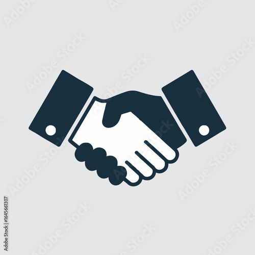 A stylized graphic of a handshake with dark blue sleeves and a light gray background illustration