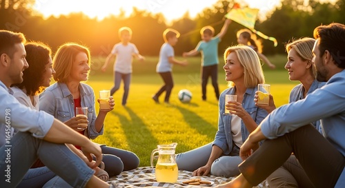Fototapeta Naklejka Na Ścianę i Meble -  Happy family and friends enjoying a summer picnic in a park during golden hour, with children playing in the background.