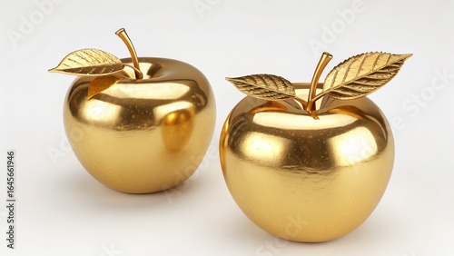 Golden Apples 3D Render, Two Apples, Gold Leaf Detail, Luxury Concept, Still Life Photography Keywords Golden Apples, 3D Render