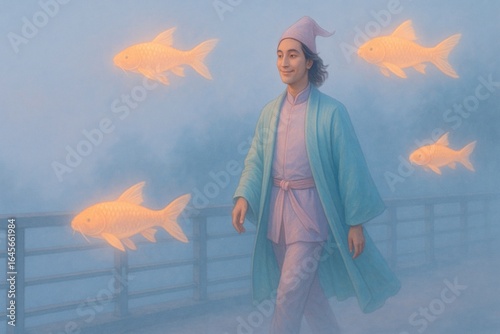 Costumed person walks among luminous fish in foggy landscape