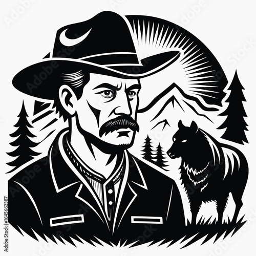 Rugged Cowboy and Wolf Companion Against Mountain Sunrise Adventure