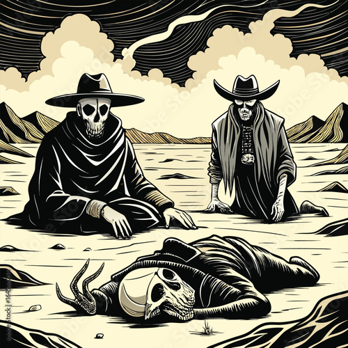 Three Skeleton Cowboys Under a Dramatic Sky in a Dusty Desert Landscape
