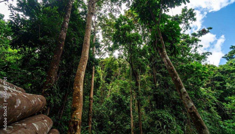 Fototapeta premium Wood Logs of Siamese Tree in a Lush Forest – A Beautiful Gathering of Trees Beneath a Vibrant Blue Sky, Showcasing Nature’s Serenity, Verdant Canopy, and Tropical Wilderness.
