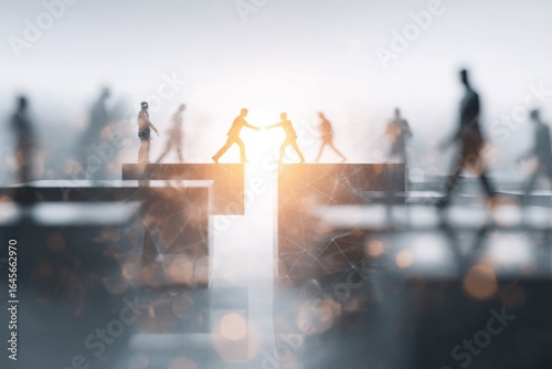 A conceptual image showing people crossing a gap, symbolizing teamwork and collaboration in overcoming challenges