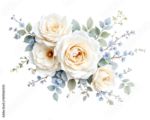 Watercolor White Roses and Dusty Blue Flowers Bouquet Isolated on Transparent Background