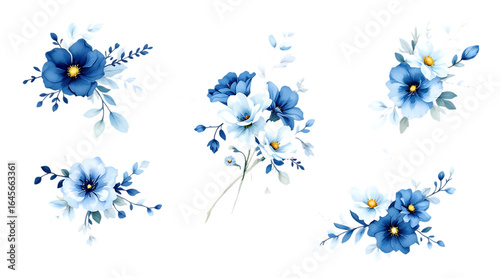 Watercolor blue flower bouquet isolated on transparent background
