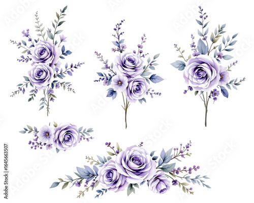 Watercolor lavender and lilac floral bouquets isolated on transparent background