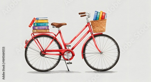 Red Bicycle with Books - Watercolor Illustration