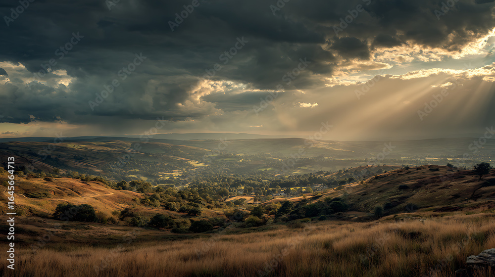 Obraz premium A panoramic view of a hilly landscape stretching towards the horizon under a dramatic sky (2)