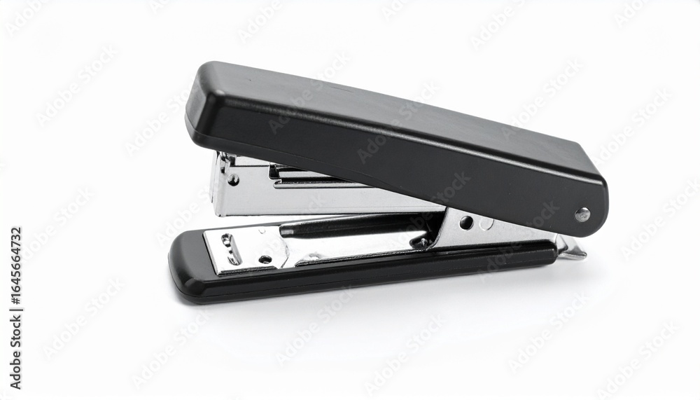A classic black office stapler with metal accents, a common stationery tool for fastening documents, isolated on a clean white background. A classic black office stapler with metal accents, a common stationery tool for fastening documents, isolated on a clean white background.