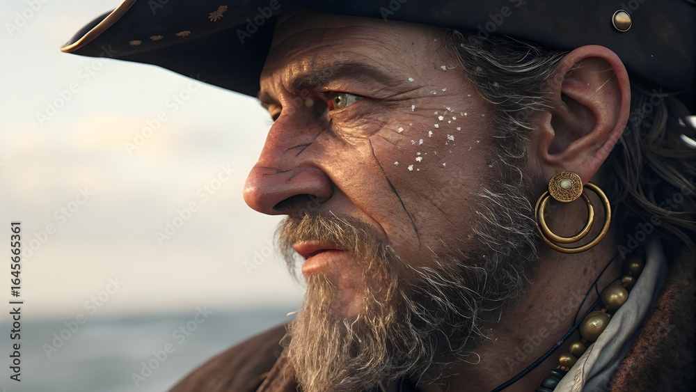 Fototapeta premium Pirate’s Weathered Face with Salt-Crusted Beard and Golden Earring in Nautical Adventure Setting