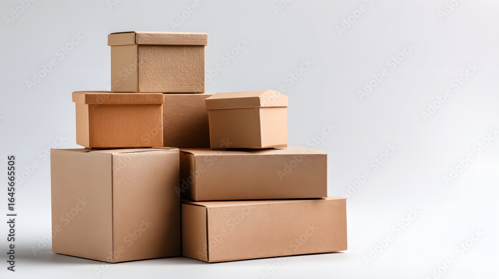 Fototapeta premium Stacked cardboard boxes against a plain background.