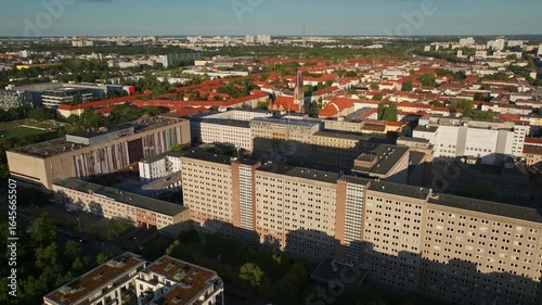 Aerial view of the Stasi Museum in Berlin, Germany – former East German Ministry for State Security headquarters, now a museum showcasing GDR surveillance history . 10 September 2024