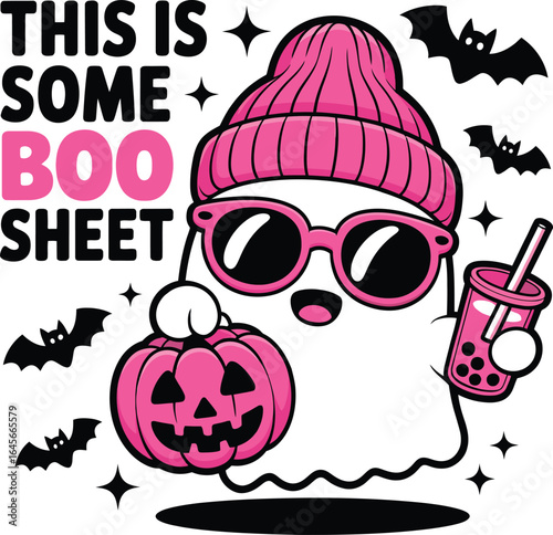 Cute kawaii ghost character wearing pink beanie and sunglasses holding a boba tea and a pumpkin with bats flying around