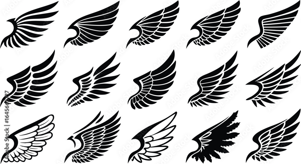 Fototapeta premium Vector art of collection of various stylized wing illustrations in black and white for design elements and creative projects