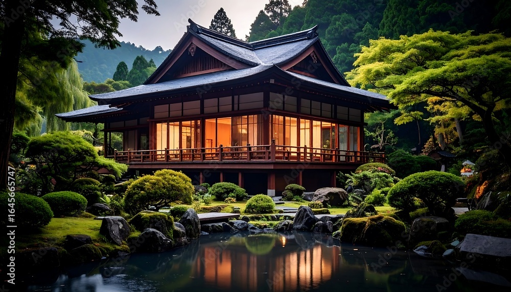 Fototapeta premium Illuminated Japanese House in Serene Mountain Garden