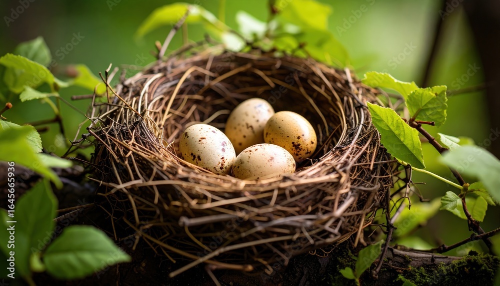 Nest with Eggs: A delicate bird's nest, meticulously woven with twigs, cradles a clutch of speckled eggs, symbolizing new beginnings and the wonders of nature's artistry. Nest with Eggs: A delicate bird's nest, meticulously woven with twigs, cradles a clutch of speckled eggs, symbolizing new beginnings and the wonders of nature's artistry.
