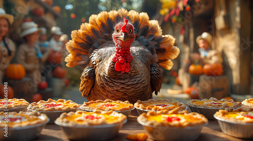County Fair Thanksgiving Pie Contest — Wild Turkey Chef with Full Tail Display