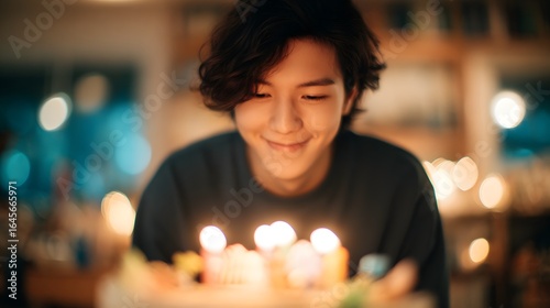 Blurred image of a happy Asian young man celebrating a birthday