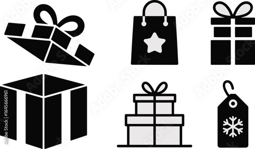 Gift Icons Presents Shopping Bag and Stacked Gifts in Black and White