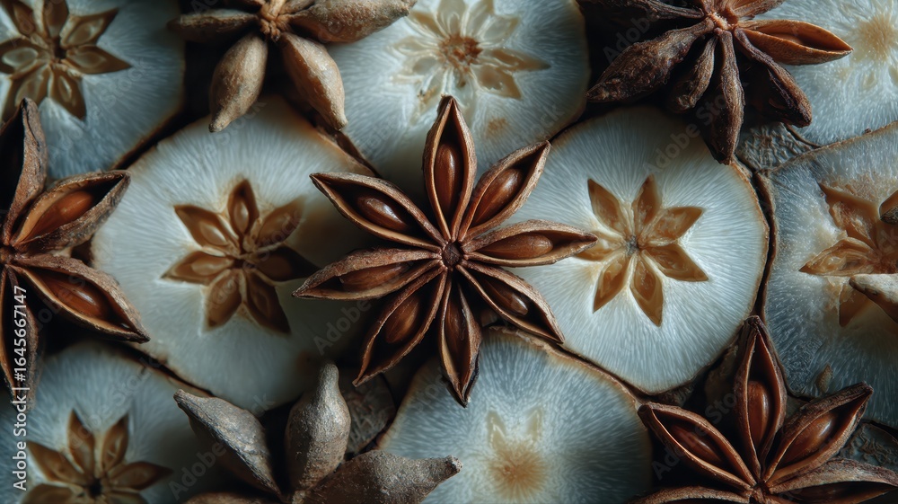 Fototapeta premium Star Anise and Sliced Spice Arrangement on Textured Background