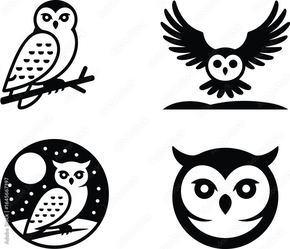 Obraz premium Four Black and White Owl Illustrations Set
