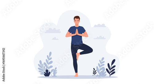 Young man practicing yoga in tree pose for health, wellness, and mindful meditation