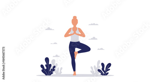Woman in tree pose practicing yoga for wellness, balance, and mindfulness in serene setting
