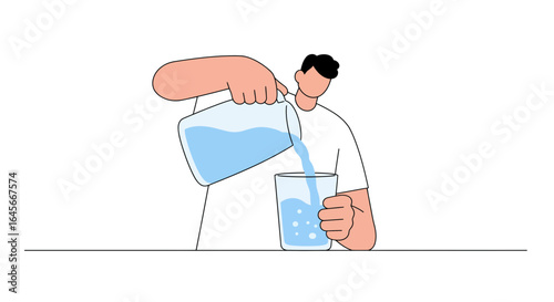 Person pouring fresh water into a glass, hydrating and healthy lifestyle concept illustration