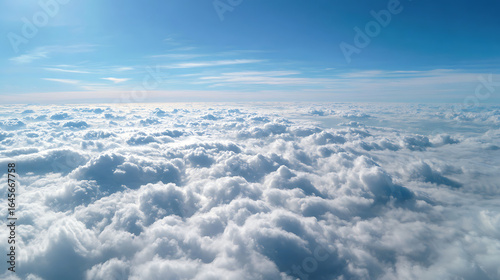 A panoramic view from an airplane over a bed of white fluffy clouds