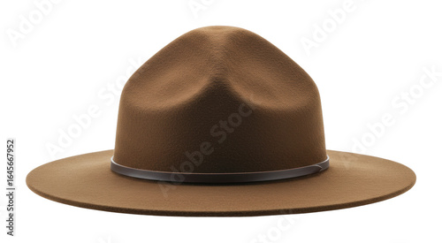 Exploring vintage style classic brown ranger hat outdoor setting product natural light minimalist. Cut out png