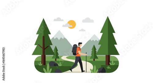 Adventurous hiker exploring scenic mountain trail with backpack and trekking poles under sunny skies