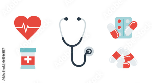 Medical healthcare symbols: heart rate, stethoscope, pills, and medicine bottle icons for health concepts