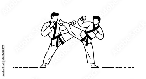 Dynamic martial arts sparring with powerful kicks and focused energy in action, black belt