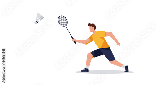 Dynamic badminton player about to hit shuttlecock in a competitive sports match