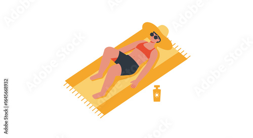 Relaxing summer vacation scene with woman sunbathing on beach towel, sunglasses, and sunscreen