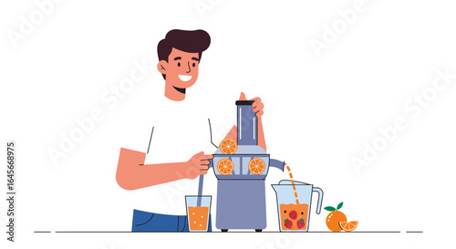 Happy man making fresh orange juice with juicer for a healthy lifestyle, breakfast