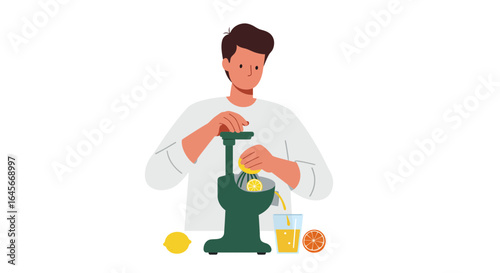 Young man squeezing fresh citrus juice with juicer for healthy lifestyle and refreshing drink