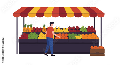 Customer selecting fresh produce at a vibrant fruit market stall, healthy lifestyle concept