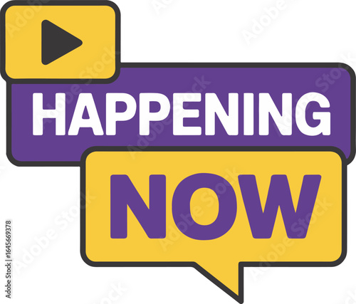 A graphic with a play button and the words happening now in purple and yellow on a white background